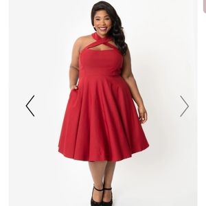 Unique Vintage 1950s-Style Red Flare Halter Dress
